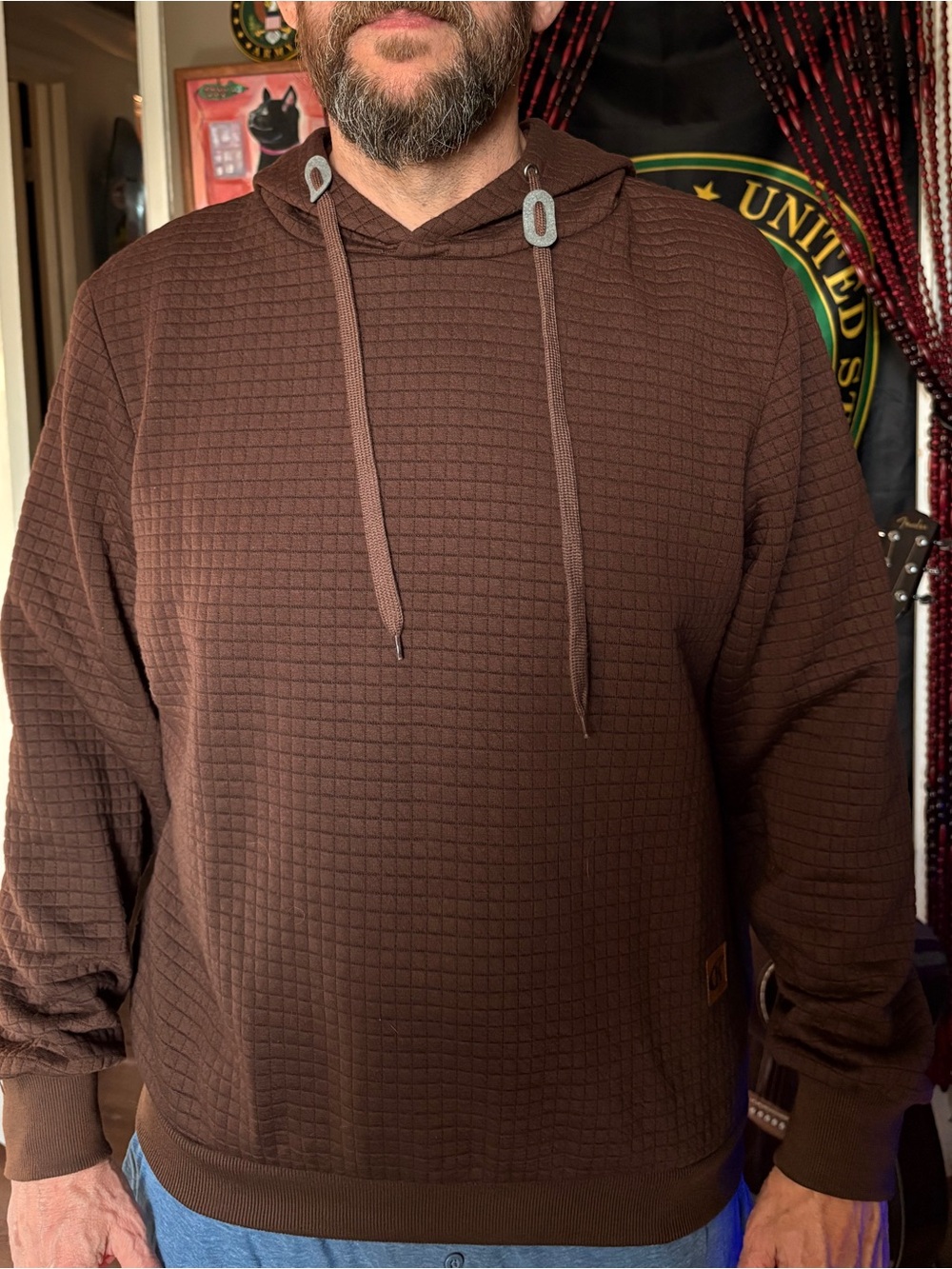 Men's Crewneck Waffle-Knit Sweatshirt - Large Brown quilted